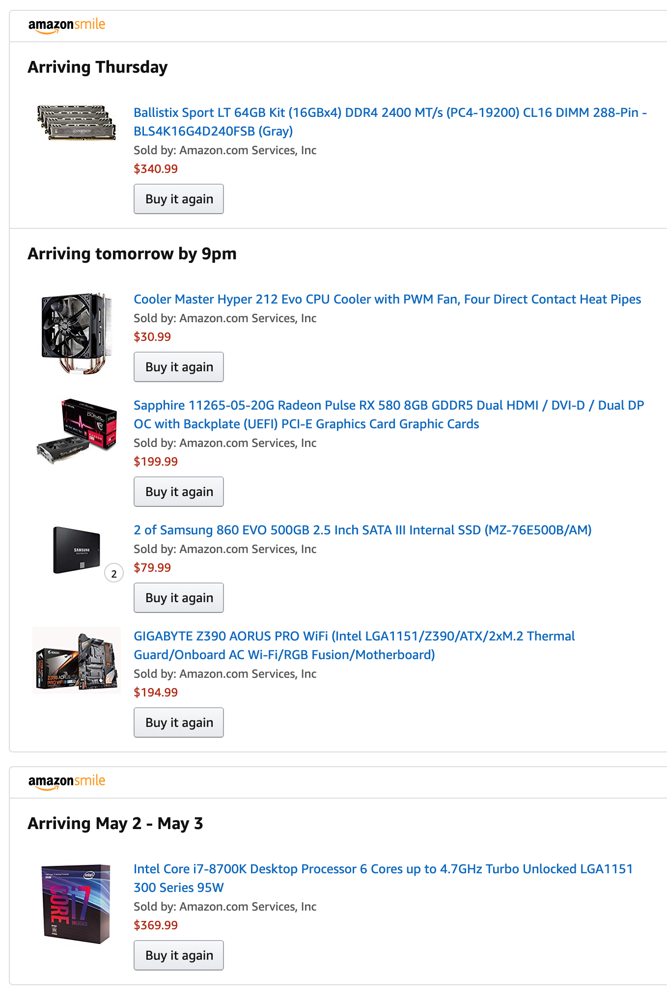 A list of my recent Amazon purchase of computer parts