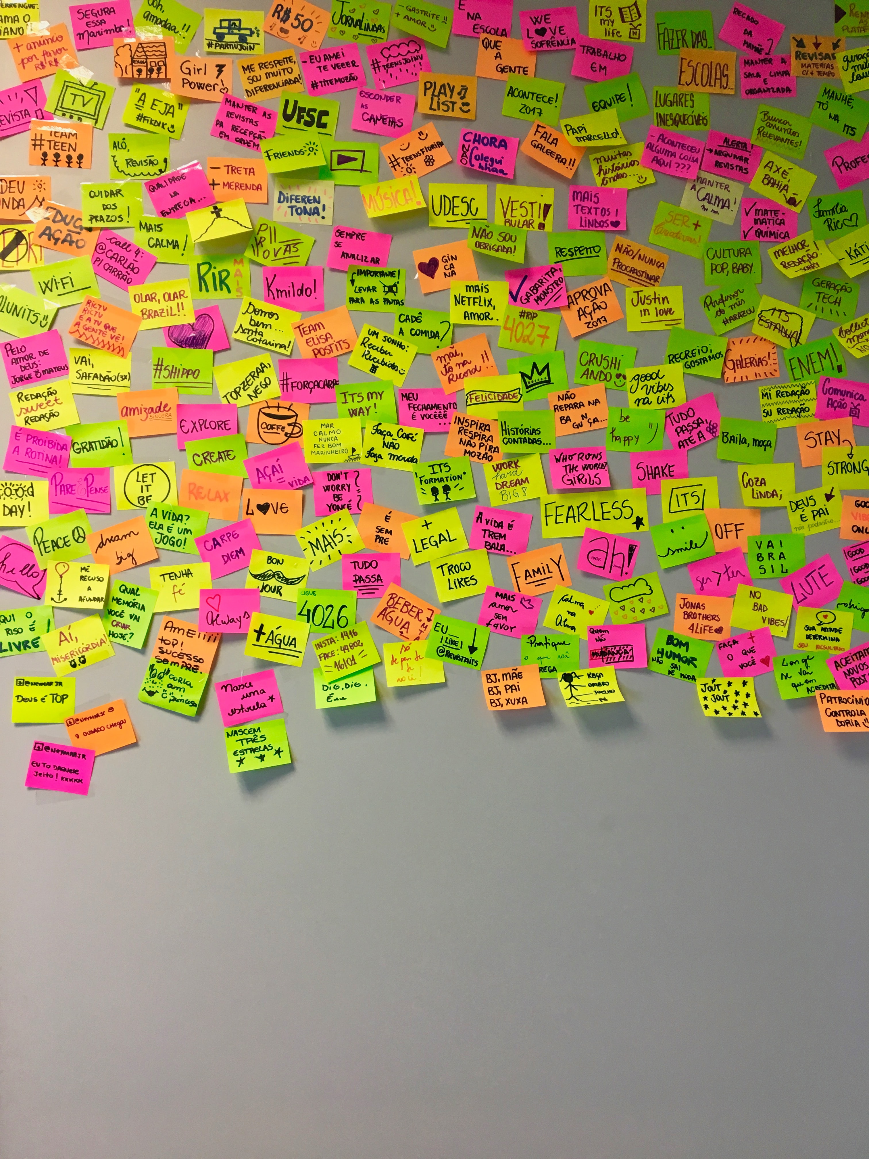 Lots and lots of sticky notes stuck to a wall