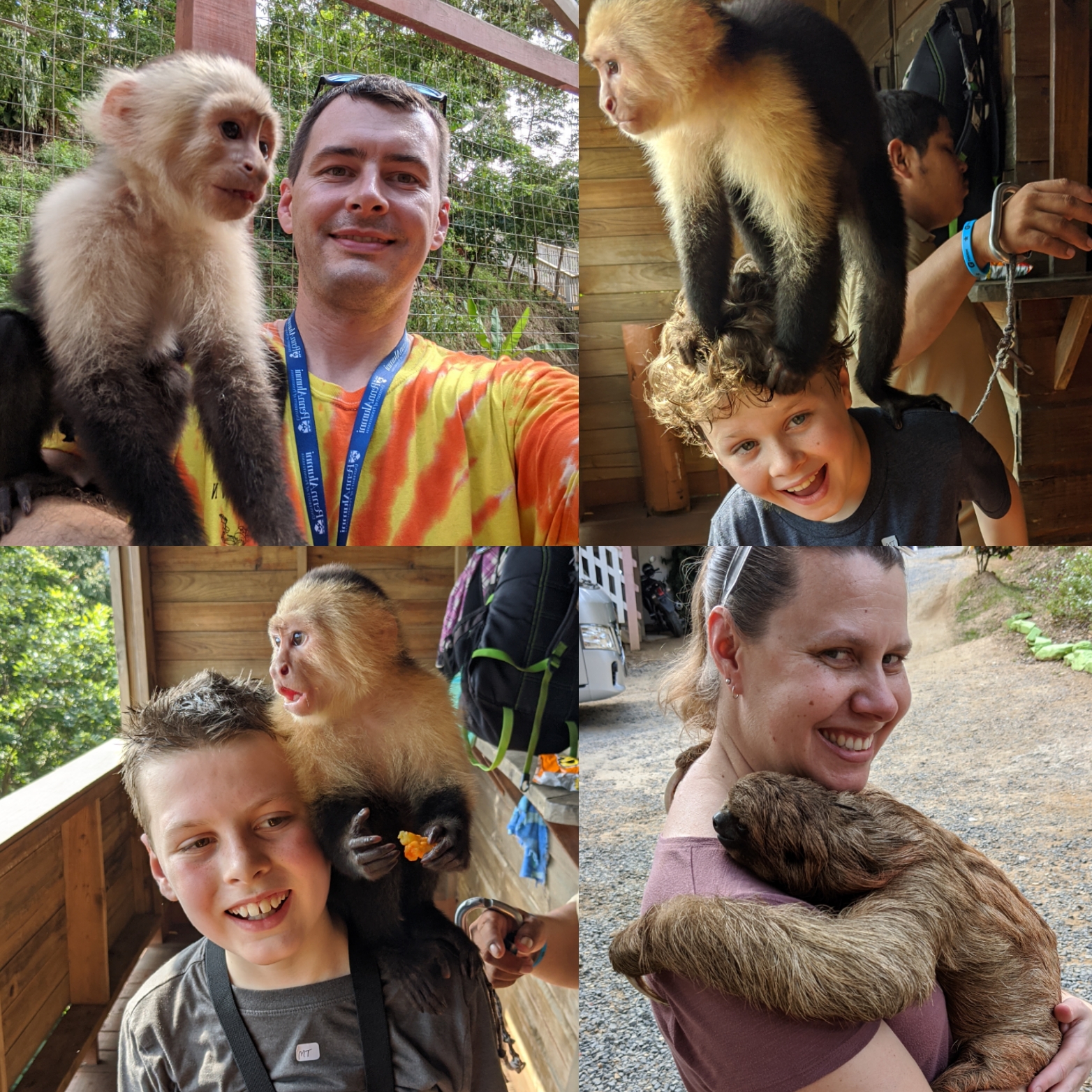 A collage of photos of each of my family members with an animal, from a recent vacation