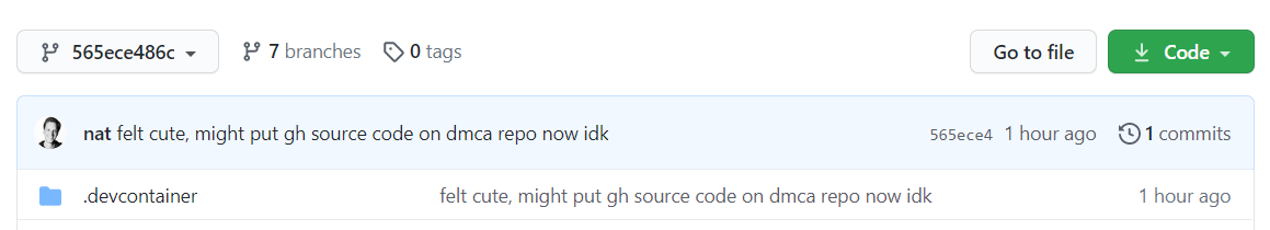 A spoofed commit from Nat Friedman, CEO of GitHub, supposedly leaking the GitHub source into the DMCA repo