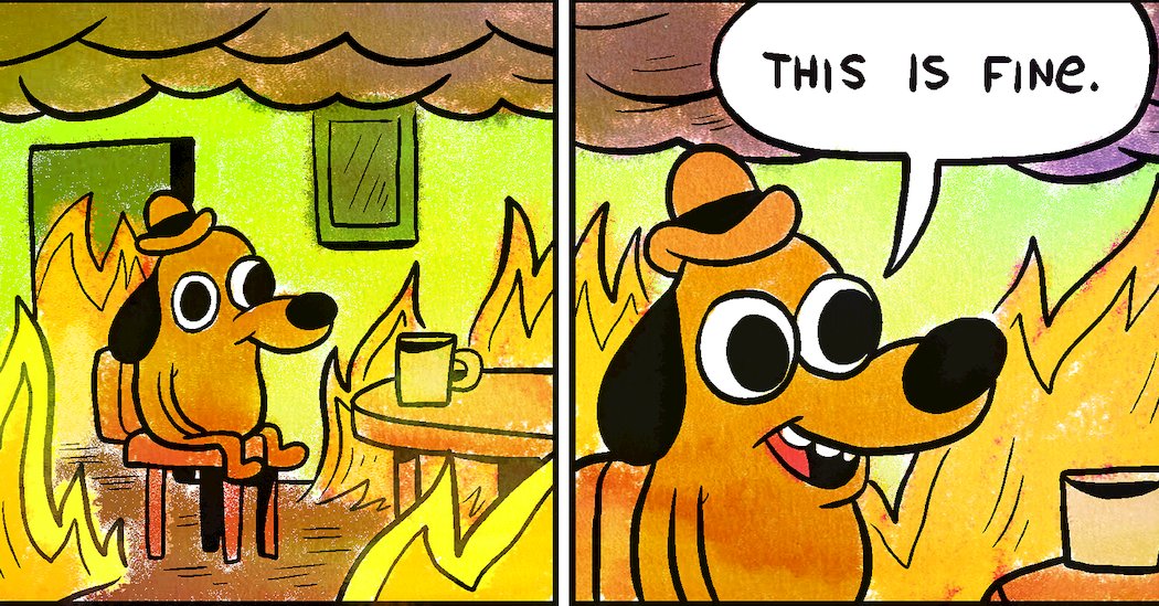 comic of dog sitting in a burning building, saying "this is fine."
