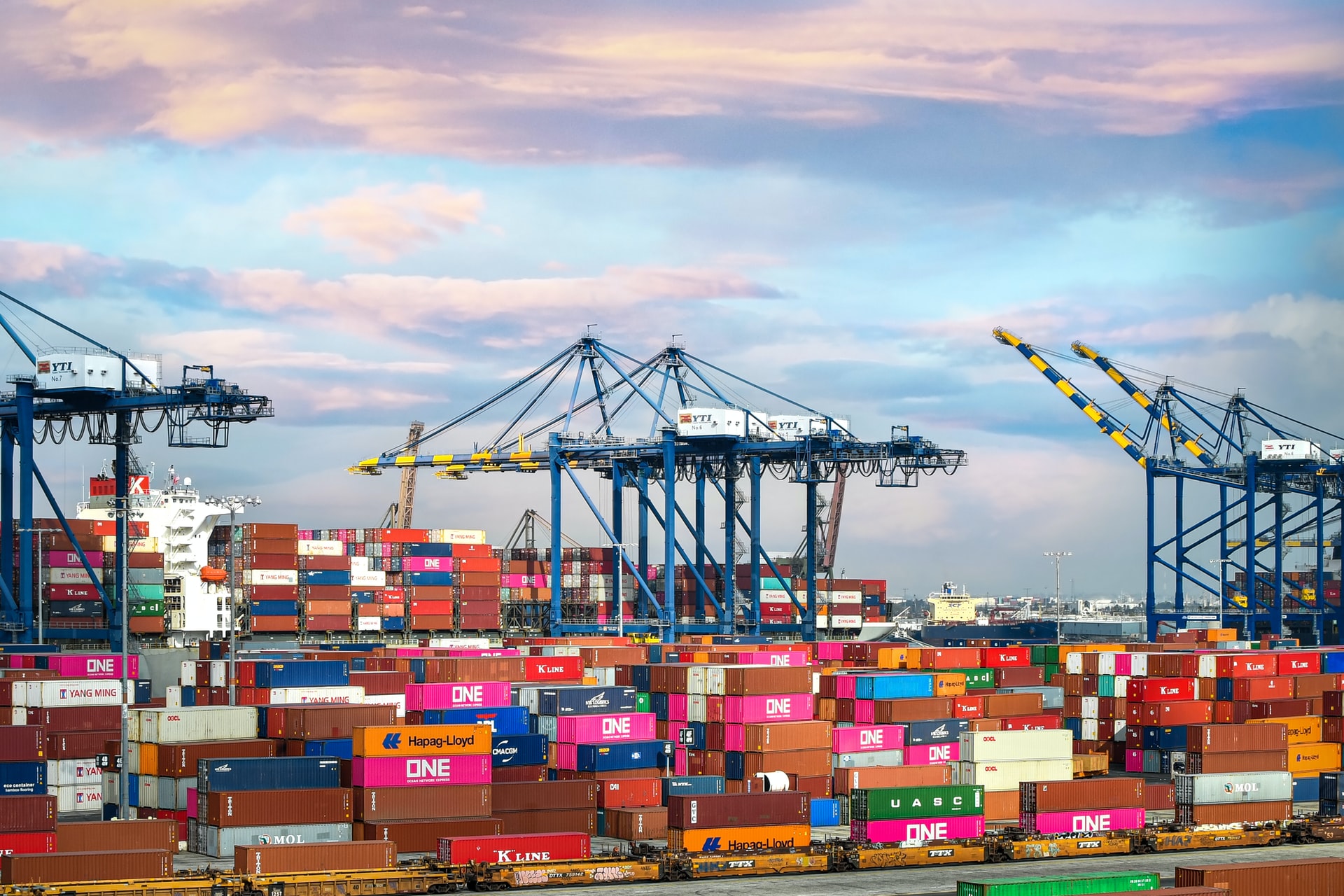 Shipping containers in a busy port