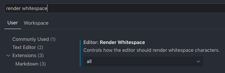 How to turn on whitespace characters in VS Code: Search for "render whitespace"