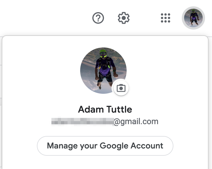 Google account selector, showing that Adam Tuttle is logged in using an @gmail.com email address