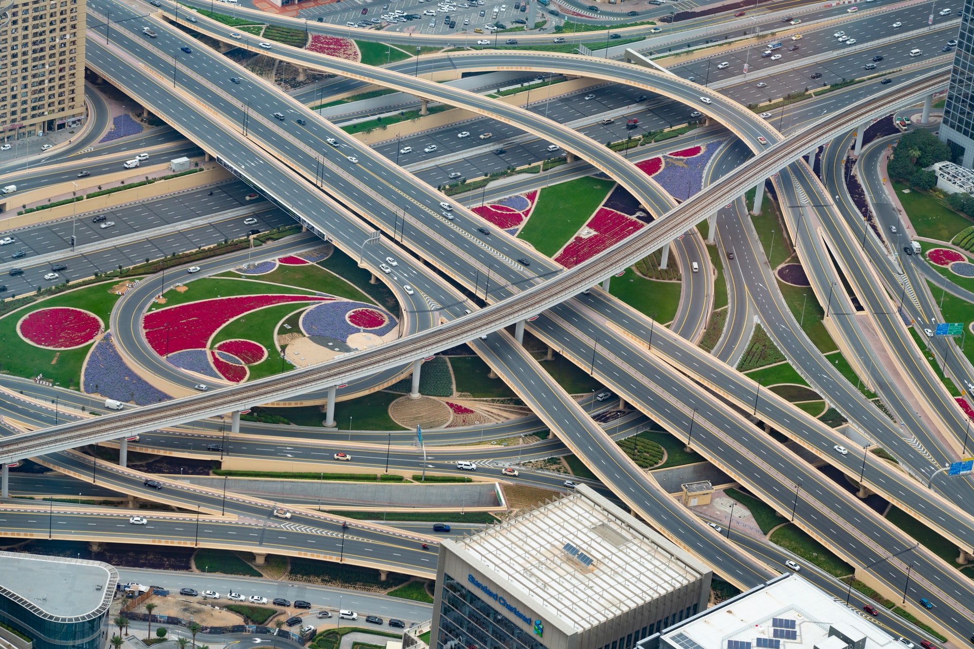 A very complex intersection seen from a high vantage point