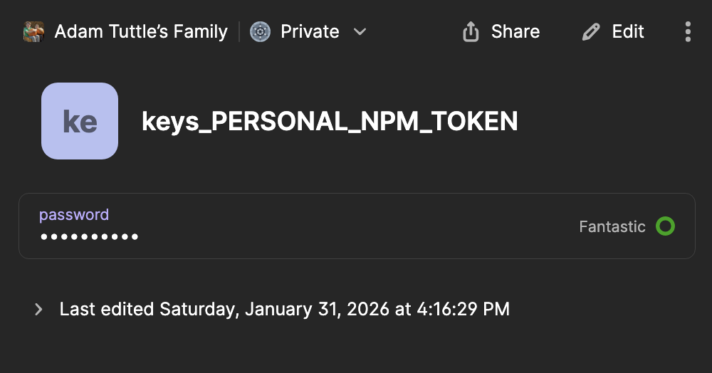 screen shot of 1Password item for the npm token